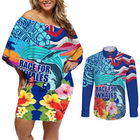 Hawaii Race For Whales Couples Matching Off Shoulder Short Dress and Long Sleeve Button Shirt Flag and Polynesian Hibiscus LT03 Blue - Polynesian Pride