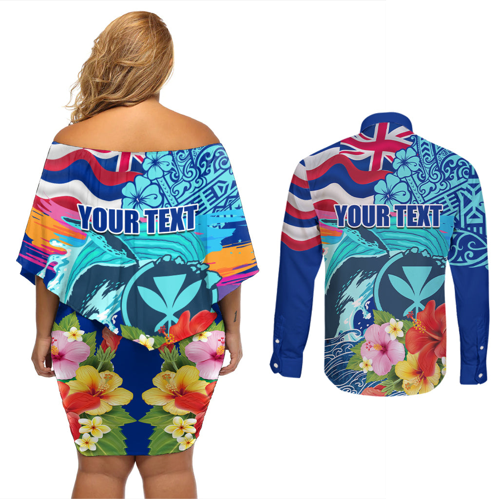 Hawaii Race For Whales Couples Matching Off Shoulder Short Dress and Long Sleeve Button Shirt Flag and Polynesian Hibiscus LT03 - Polynesian Pride