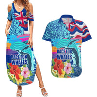 Hawaii Race For Whales Couples Matching Summer Maxi Dress and Hawaiian Shirt Flag and Polynesian Hibiscus LT03 Blue - Polynesian Pride