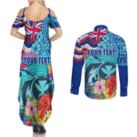 Hawaii Race For Whales Couples Matching Summer Maxi Dress and Long Sleeve Button Shirt Flag and Polynesian Hibiscus LT03 - Polynesian Pride