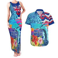 Hawaii Race For Whales Couples Matching Tank Maxi Dress and Hawaiian Shirt Flag and Polynesian Hibiscus LT03 Blue - Polynesian Pride