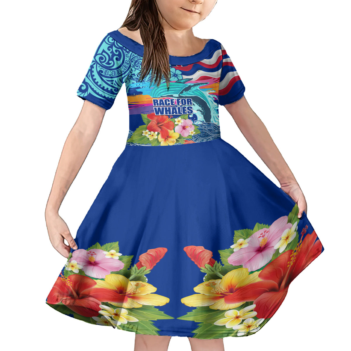 Hawaii Race For Whales Family Matching Off Shoulder Short Dress and Hawaiian Shirt Flag and Polynesian Hibiscus LT03 Daughter's Dress Blue - Polynesian Pride