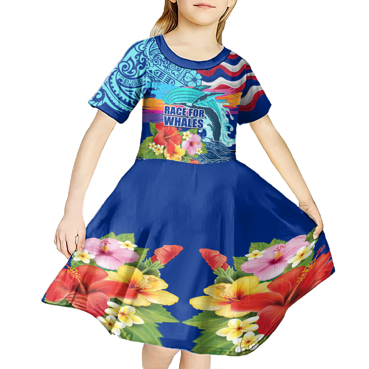 Hawaii Race For Whales Kid Short Sleeve Dress Flag and Polynesian Hibiscus LT03 - Polynesian Pride
