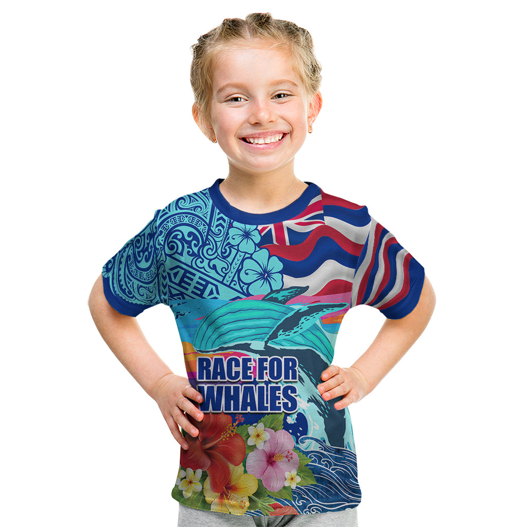 Hawaii Race For Whales Kid T Shirt Flag and Polynesian Hibiscus LT03 Blue - Polynesian Pride
