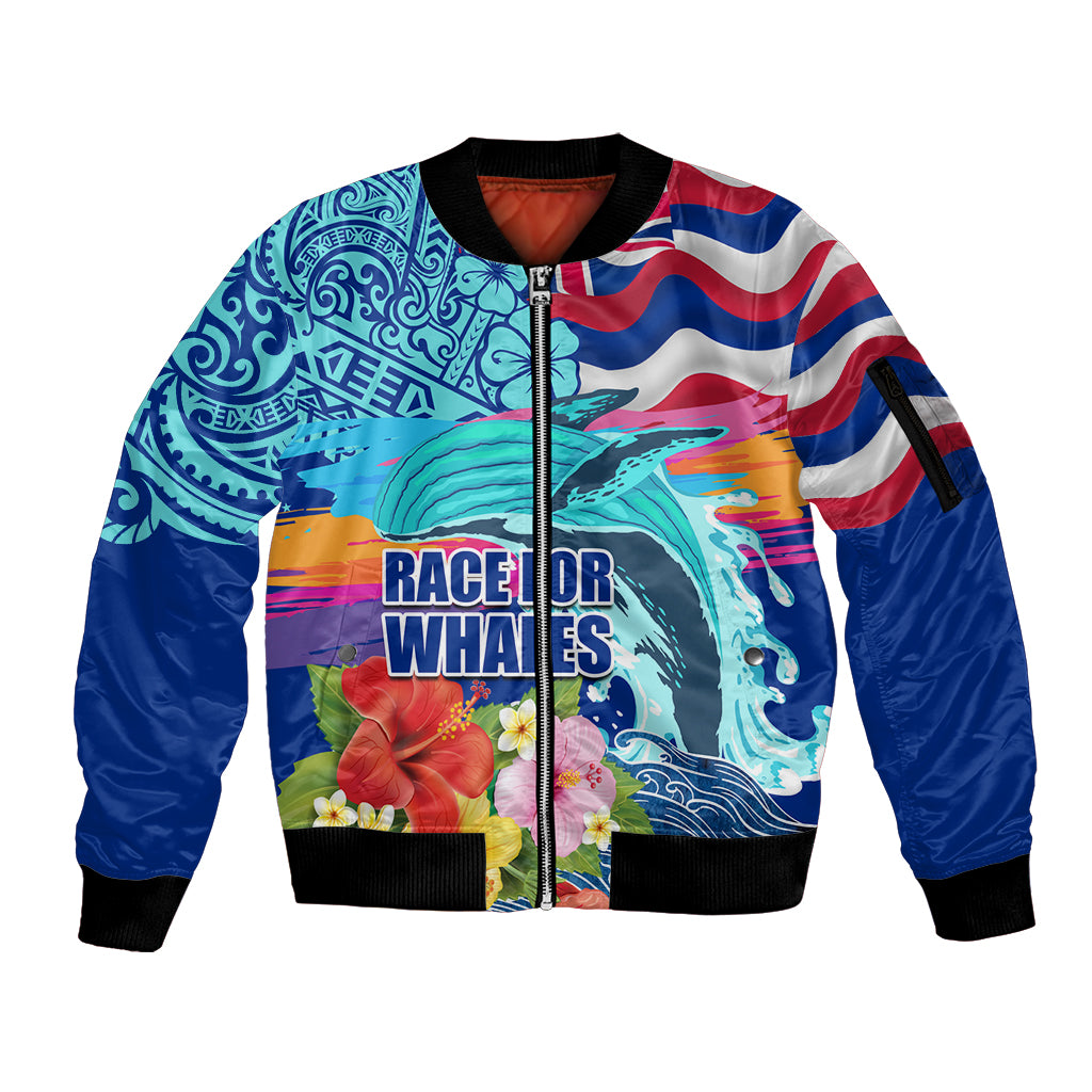 Hawaii Race For Whales Sleeve Zip Bomber Jacket Flag and Polynesian Hibiscus LT03 Unisex Blue - Polynesian Pride