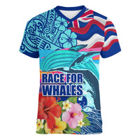 Hawaii Race For Whales Women V Neck T Shirt Flag and Polynesian Hibiscus LT03 Female Blue - Polynesian Pride