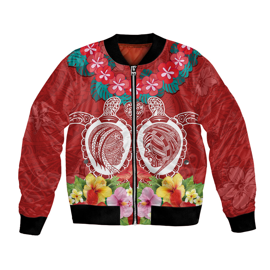 Polynesian Valentine Day Bomber Jacket Love Couple Turtle Maori Hibiscus Red Style LT03 Unisex Red - Polynesian Pride