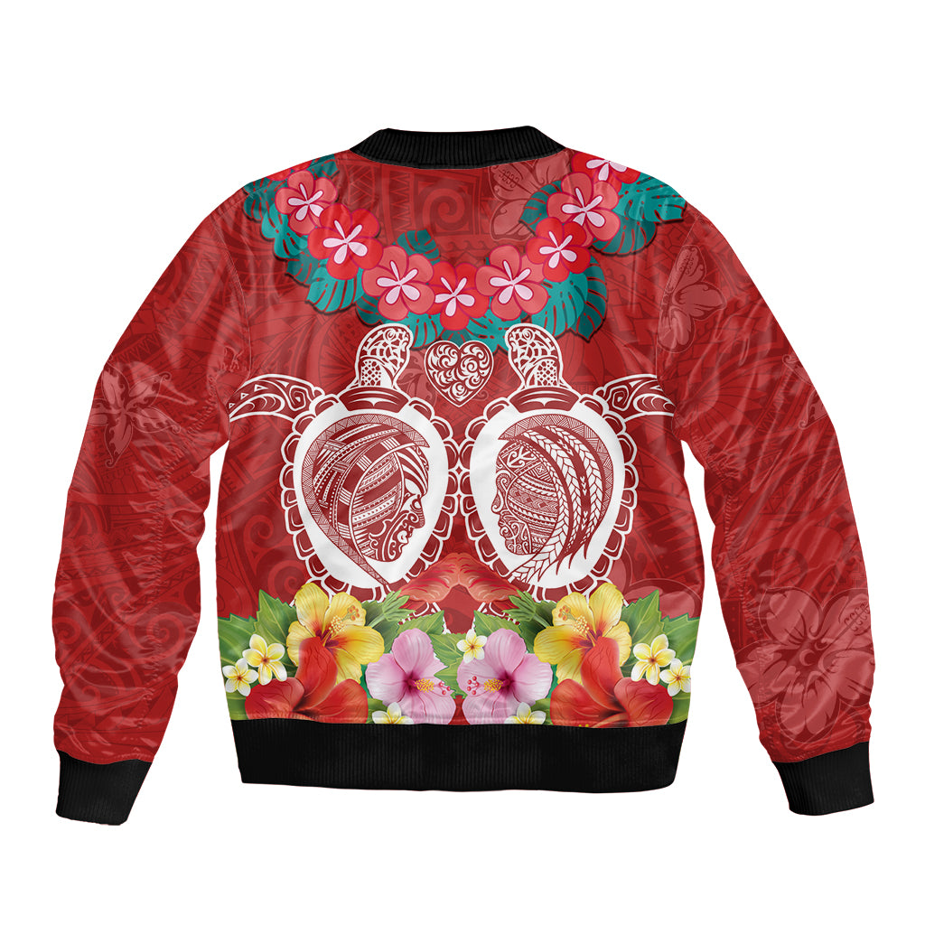 Polynesian Valentine Day Bomber Jacket Love Couple Turtle Maori Hibiscus Red Style LT03 - Polynesian Pride