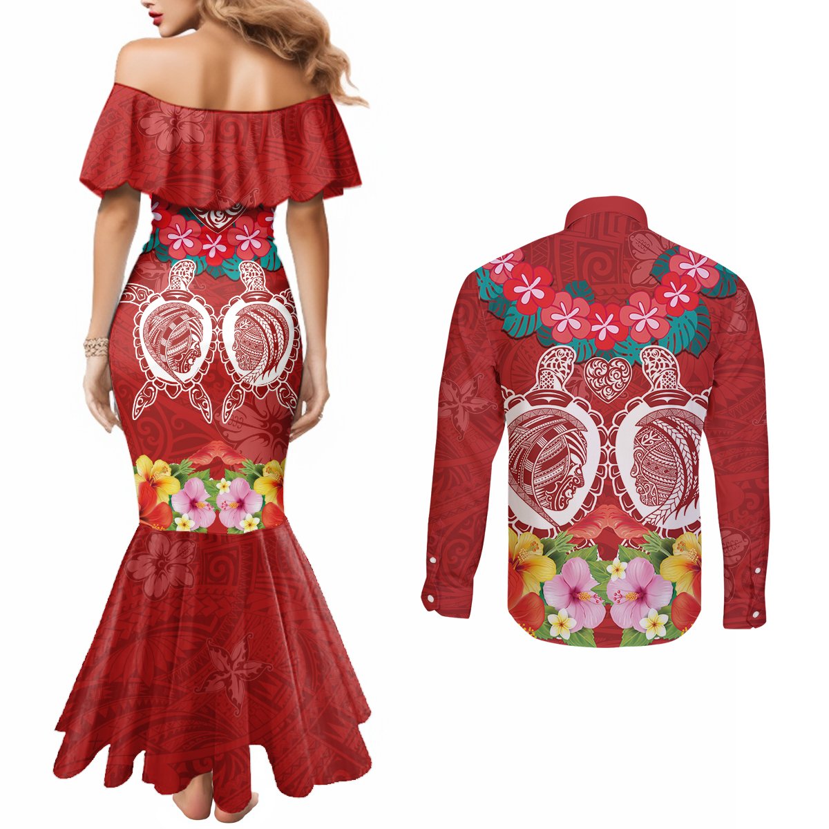 Polynesian Valentine Day Couples Matching Mermaid Dress and Long Sleeve Button Shirt Love Couple Turtle Maori Hibiscus Red Style LT03 - Polynesian Pride
