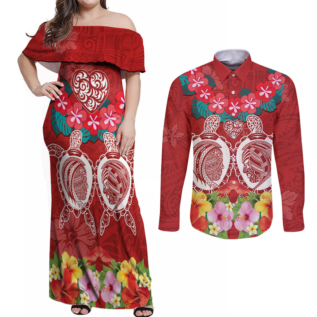 Polynesian Valentine Day Couples Matching Off Shoulder Maxi Dress and Long Sleeve Button Shirt Love Couple Turtle Maori Hibiscus Red Style LT03 Red - Polynesian Pride