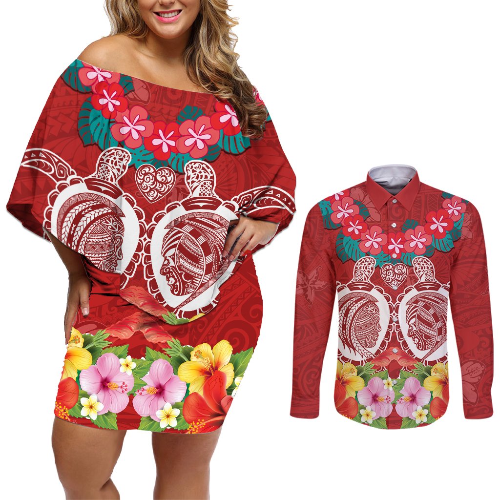 Polynesian Valentine Day Couples Matching Off Shoulder Short Dress and Long Sleeve Button Shirt Love Couple Turtle Maori Hibiscus Red Style LT03 Red - Polynesian Pride