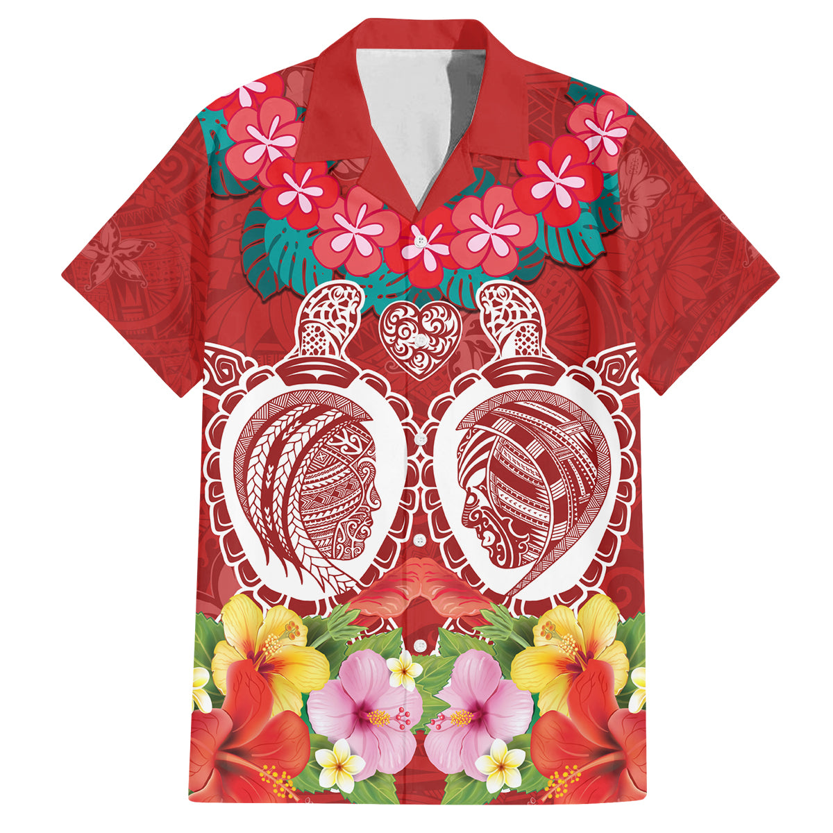 Polynesian Valentine Day Family Matching Off Shoulder Short Dress and Hawaiian Shirt Love Couple Turtle Maori Hibiscus Red Style LT03 Dad's Shirt - Short Sleeve Red - Polynesian Pride