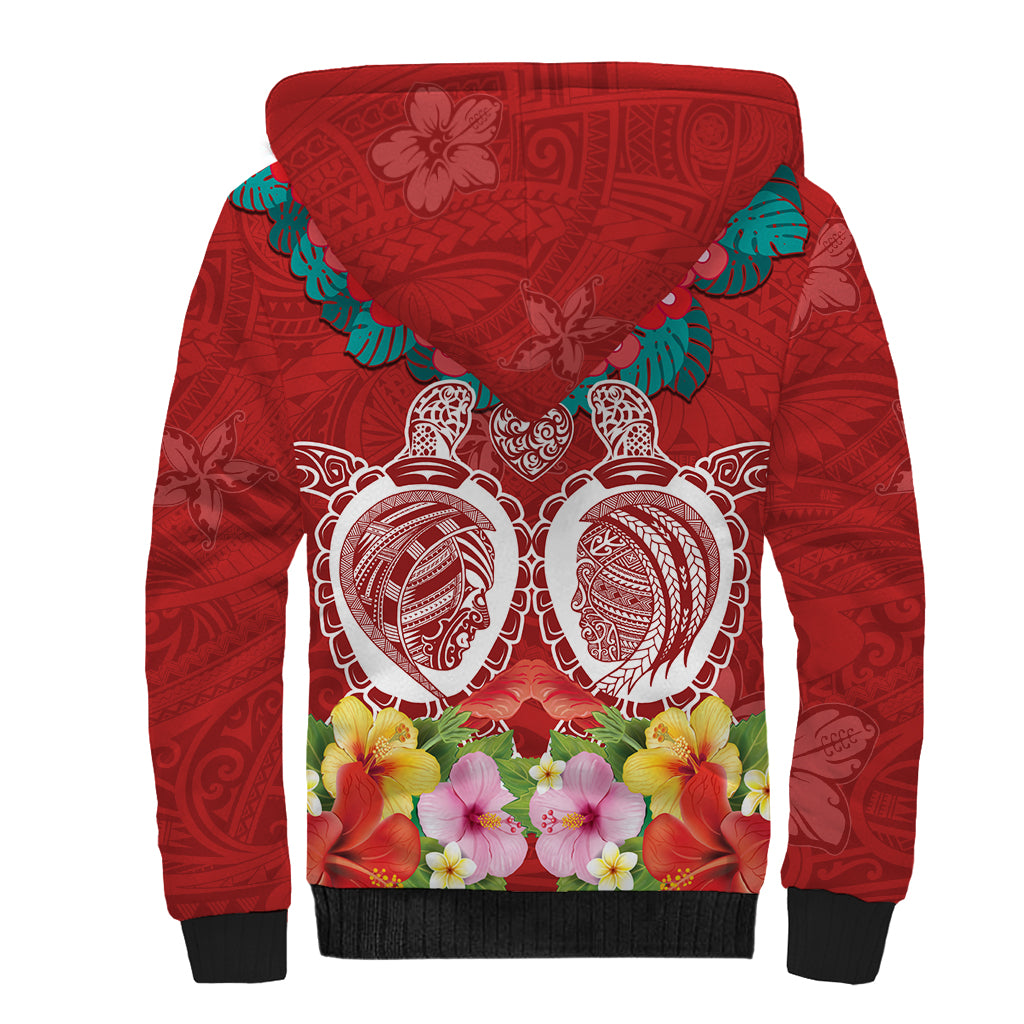 Polynesian Valentine Day Sherpa Hoodie Love Couple Turtle Maori Hibiscus Red Style LT03 - Polynesian Pride