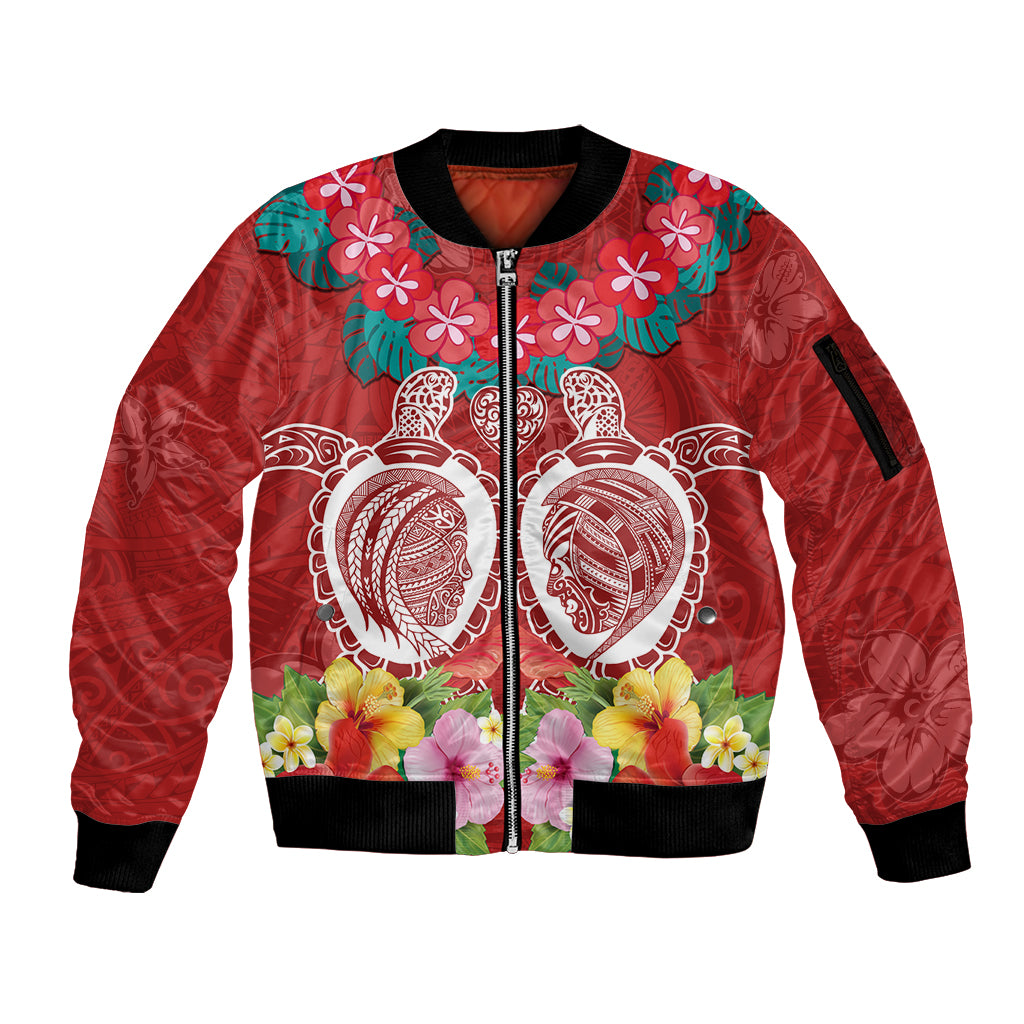 Polynesian Valentine Day Sleeve Zip Bomber Jacket Love Couple Turtle Maori Hibiscus Red Style LT03 Unisex Red - Polynesian Pride