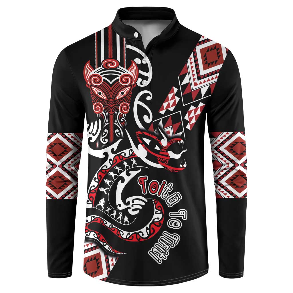 Aotearoa Toitu Te Tiriti-Honour the Treaty Button Sweatshirt Maori Taniwha Haka with Taniko and Tukutuku