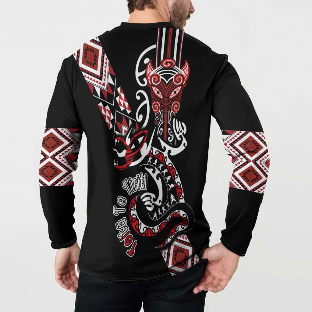 Aotearoa Toitu Te Tiriti-Honour the Treaty Button Sweatshirt Maori Taniwha Haka with Taniko and Tukutuku