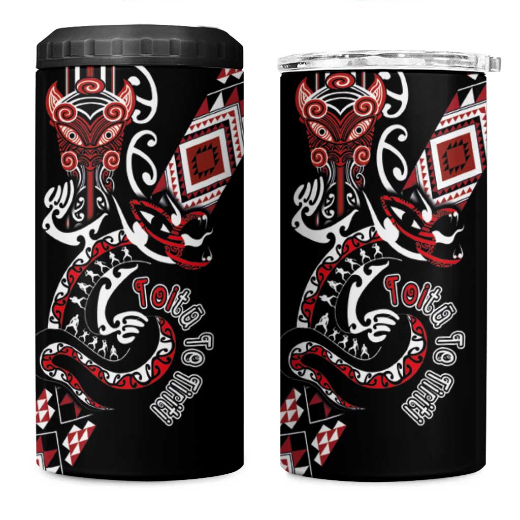 Aotearoa Toitu Te Tiriti-Honour the Treaty 4 in 1 Can Cooler Tumbler Maori Taniwha Haka with Taniko and Tukutuku