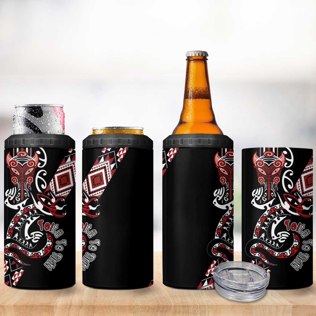 Aotearoa Toitu Te Tiriti-Honour the Treaty 4 in 1 Can Cooler Tumbler Maori Taniwha Haka with Taniko and Tukutuku