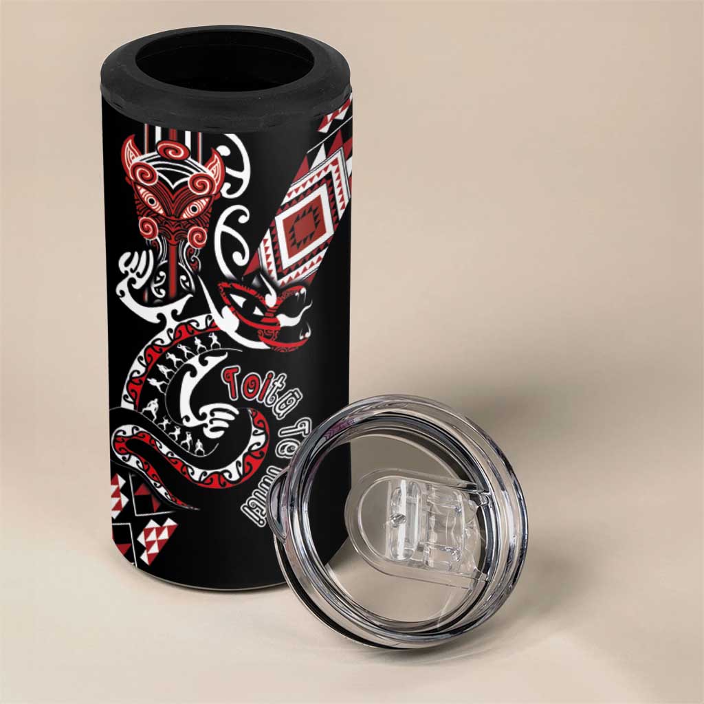 Aotearoa Toitu Te Tiriti-Honour the Treaty 4 in 1 Can Cooler Tumbler Maori Taniwha Haka with Taniko and Tukutuku