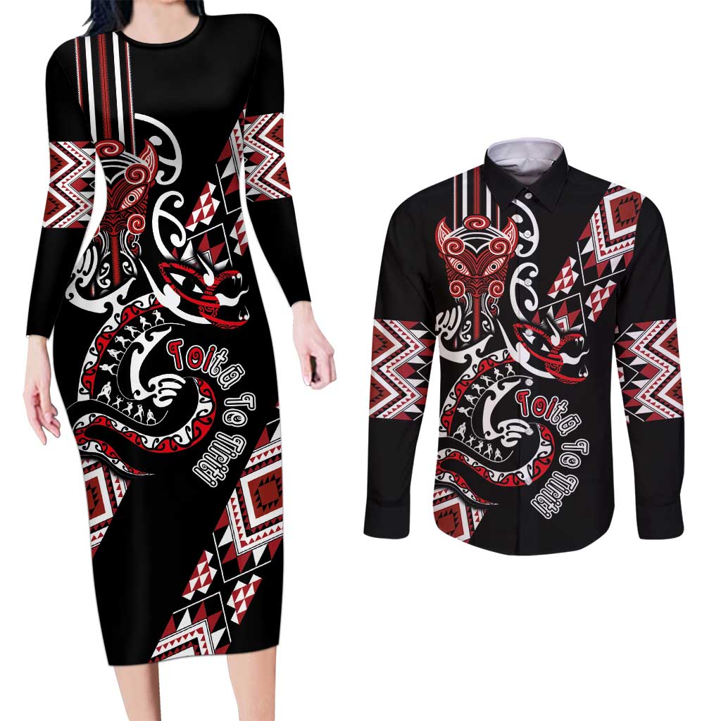 Aotearoa Toitu Te Tiriti-Honour the Treaty Couples Matching Long Sleeve Bodycon Dress and Long Sleeve Button Shirt Maori Taniwha Haka with Taniko and Tukutuku