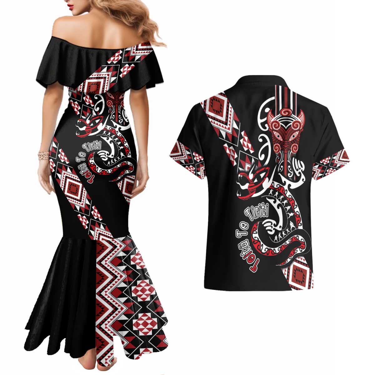 Aotearoa Toitu Te Tiriti-Honour the Treaty Couples Matching Mermaid Dress and Hawaiian Shirt Maori Taniwha Haka with Taniko and Tukutuku