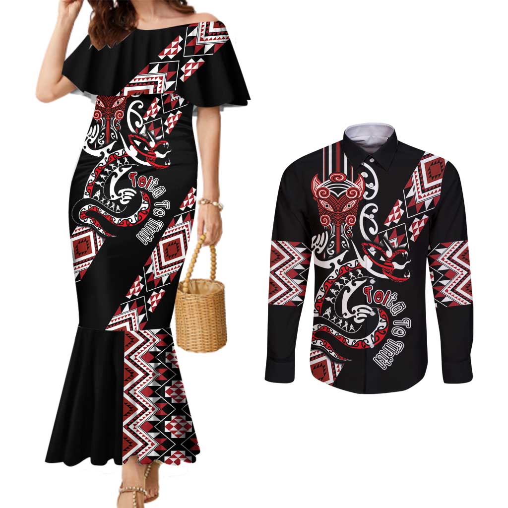 Aotearoa Toitu Te Tiriti-Honour the Treaty Couples Matching Mermaid Dress and Long Sleeve Button Shirt Maori Taniwha Haka with Taniko and Tukutuku