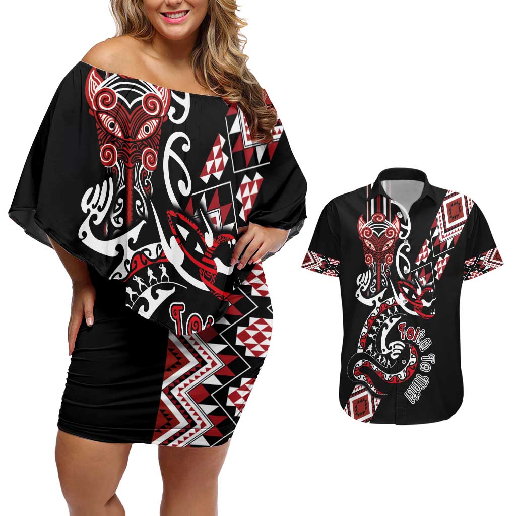 Aotearoa Toitu Te Tiriti-Honour the Treaty Couples Matching Off Shoulder Short Dress and Hawaiian Shirt Maori Taniwha Haka with Taniko and Tukutuku LT03 Black - Polynesian Pride