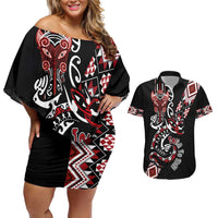 Aotearoa Toitu Te Tiriti-Honour the Treaty Couples Matching Off Shoulder Short Dress and Hawaiian Shirt Maori Taniwha Haka with Taniko and Tukutuku LT03 Black - Polynesian Pride