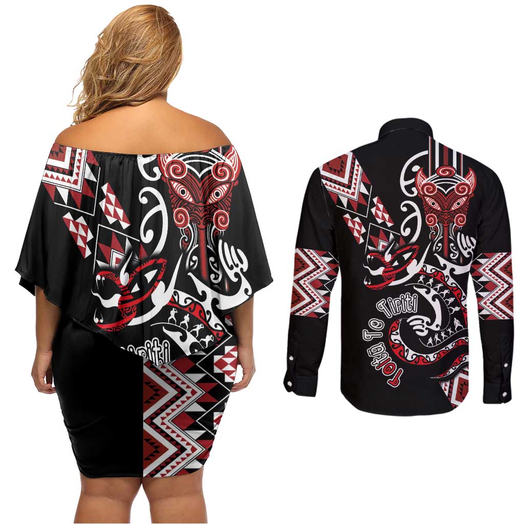 Aotearoa Toitu Te Tiriti-Honour the Treaty Couples Matching Off Shoulder Short Dress and Long Sleeve Button Shirt Maori Taniwha Haka with Taniko and Tukutuku