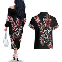 Aotearoa Toitu Te Tiriti-Honour the Treaty Couples Matching Off The Shoulder Long Sleeve Dress and Hawaiian Shirt Maori Taniwha Haka with Taniko and Tukutuku