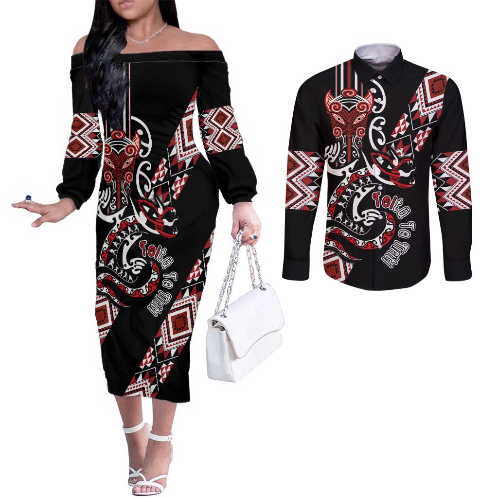 Aotearoa Toitu Te Tiriti-Honour the Treaty Couples Matching Off The Shoulder Long Sleeve Dress and Long Sleeve Button Shirt Maori Taniwha Haka with Taniko and Tukutuku