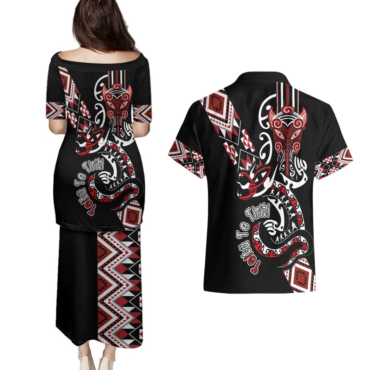 Aotearoa Toitu Te Tiriti-Honour the Treaty Couples Matching Puletasi and Hawaiian Shirt Maori Taniwha Haka with Taniko and Tukutuku