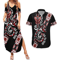Aotearoa Toitu Te Tiriti-Honour the Treaty Couples Matching Summer Maxi Dress and Hawaiian Shirt Maori Taniwha Haka with Taniko and Tukutuku LT03 Black - Polynesian Pride