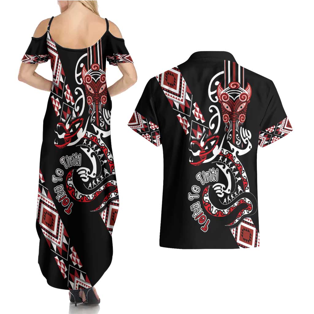 Aotearoa Toitu Te Tiriti-Honour the Treaty Couples Matching Summer Maxi Dress and Hawaiian Shirt Maori Taniwha Haka with Taniko and Tukutuku LT03 - Polynesian Pride