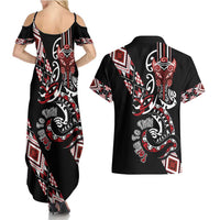 Aotearoa Toitu Te Tiriti-Honour the Treaty Couples Matching Summer Maxi Dress and Hawaiian Shirt Maori Taniwha Haka with Taniko and Tukutuku LT03 - Polynesian Pride