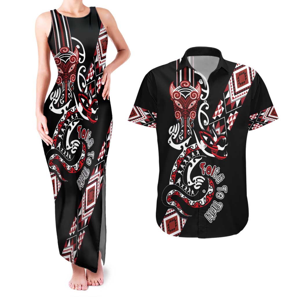 Aotearoa Toitu Te Tiriti-Honour the Treaty Couples Matching Tank Maxi Dress and Hawaiian Shirt Maori Taniwha Haka with Taniko and Tukutuku