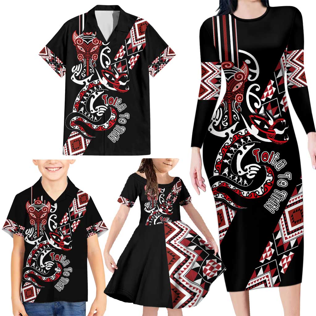 Aotearoa Toitu Te Tiriti-Honour the Treaty Family Matching Long Sleeve Bodycon Dress and Hawaiian Shirt Maori Taniwha Haka with Taniko and Tukutuku