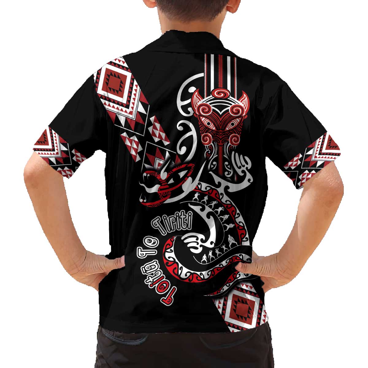 Aotearoa Toitu Te Tiriti-Honour the Treaty Family Matching Off The Shoulder Long Sleeve Dress and Hawaiian Shirt Maori Taniwha Haka with Taniko and Tukutuku