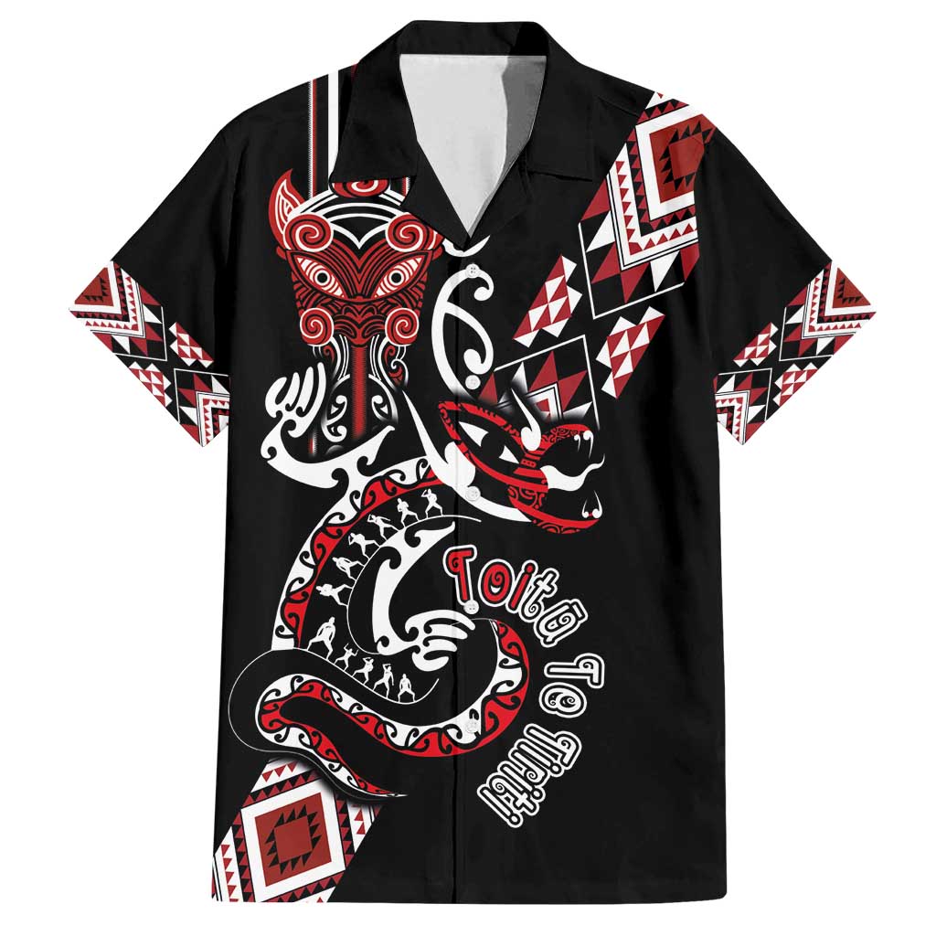 Aotearoa Toitu Te Tiriti-Honour the Treaty Family Matching Off Shoulder Short Dress and Hawaiian Shirt Maori Taniwha Haka with Taniko and Tukutuku
