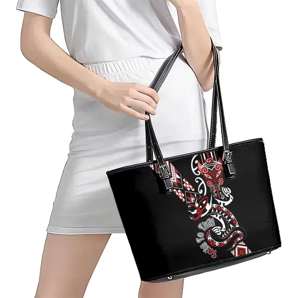 Aotearoa Toitu Te Tiriti-Honour the Treaty Leather Tote Bag Maori Taniwha Haka with Taniko and Tukutuku