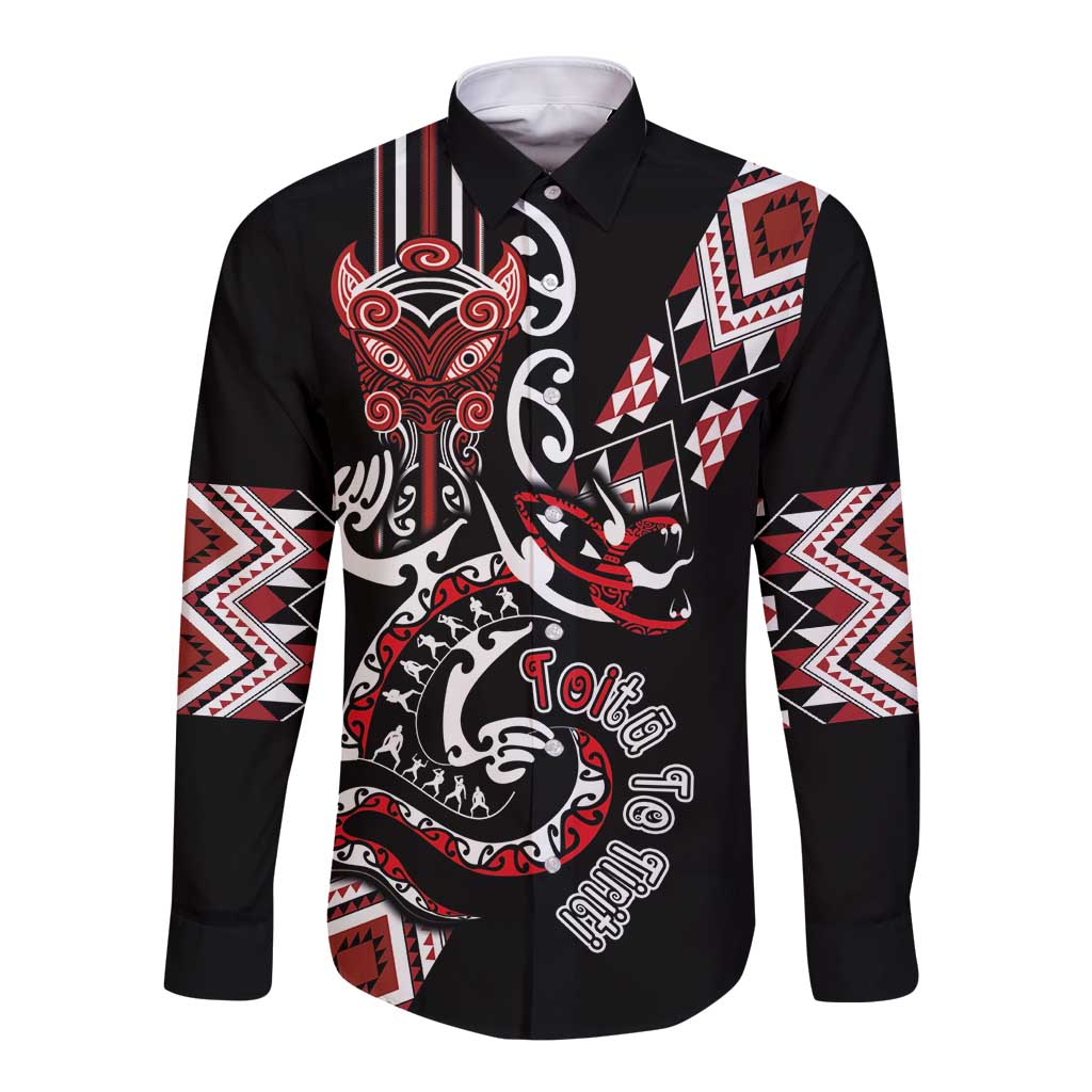 Aotearoa Toitu Te Tiriti-Honour the Treaty Long Sleeve Button Shirt Maori Taniwha Haka with Taniko and Tukutuku