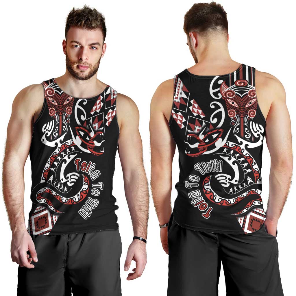 Aotearoa Toitu Te Tiriti-Honour the Treaty Men Tank Top Maori Taniwha Haka with Taniko and Tukutuku