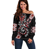 Aotearoa Toitu Te Tiriti-Honour the Treaty Off Shoulder Sweater Maori Taniwha Haka with Taniko and Tukutuku