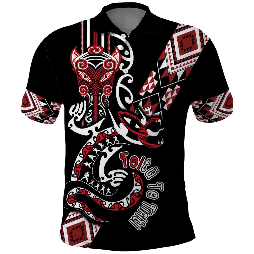 Aotearoa Toitu Te Tiriti-Honour the Treaty Polo Shirt Maori Taniwha Haka with Taniko and Tukutuku