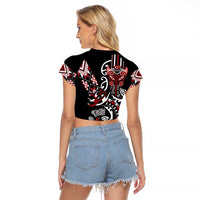 Aotearoa Toitu Te Tiriti-Honour the Treaty Raglan Cropped T Shirt Maori Taniwha Haka with Taniko and Tukutuku