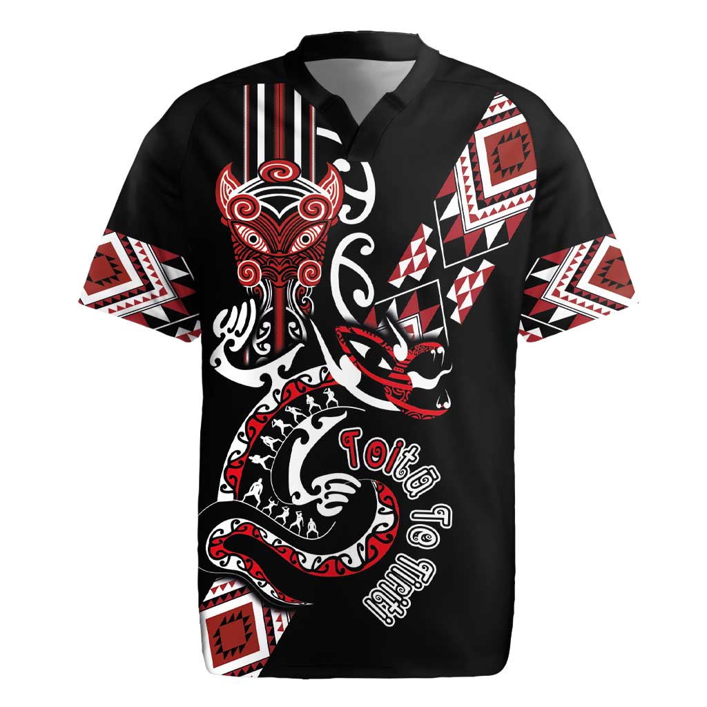 Aotearoa Toitu Te Tiriti-Honour the Treaty Rugby Jersey Maori Taniwha Haka with Taniko and Tukutuku