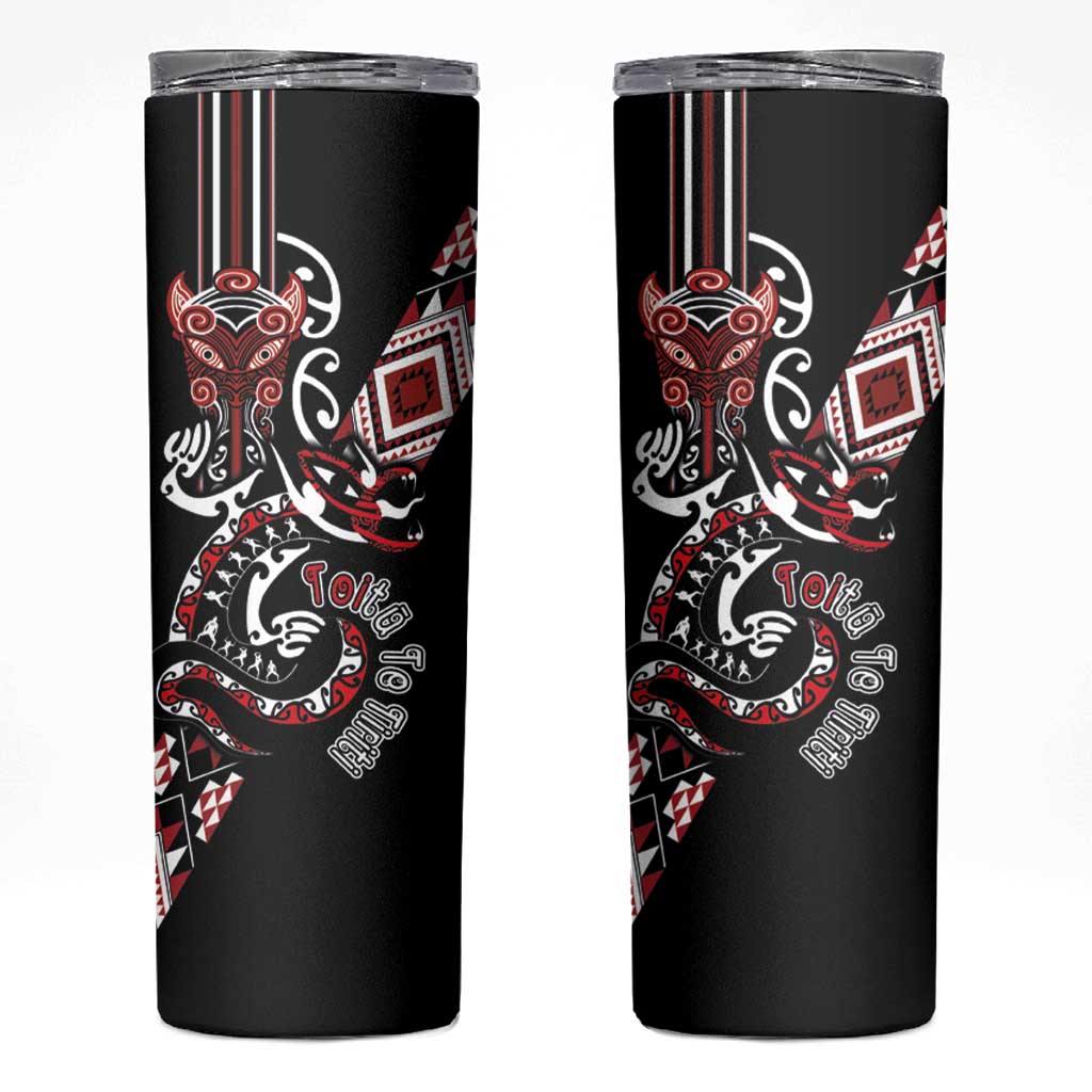 Aotearoa Toitu Te Tiriti-Honour the Treaty Skinny Tumbler Maori Taniwha Haka with Taniko and Tukutuku