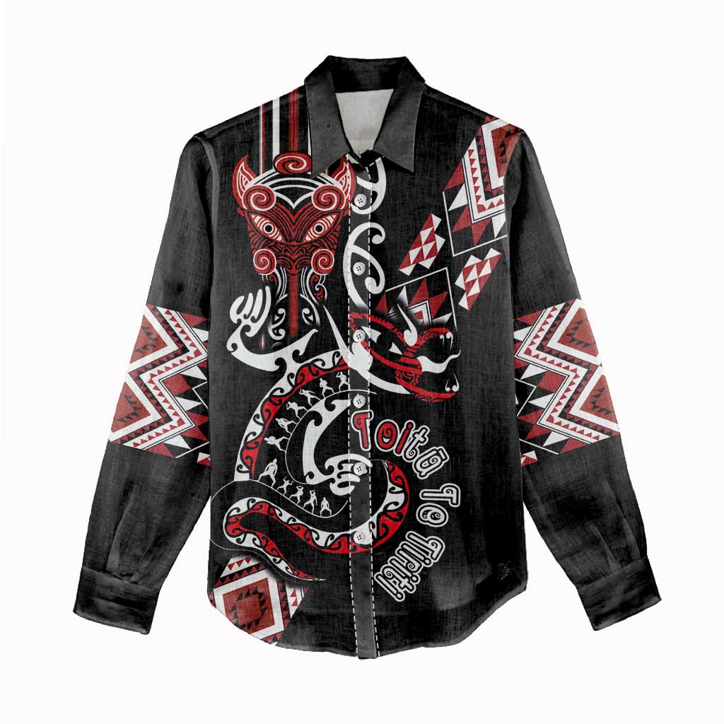 Aotearoa Toitu Te Tiriti-Honour the Treaty Women Casual Shirt Maori Taniwha Haka with Taniko and Tukutuku