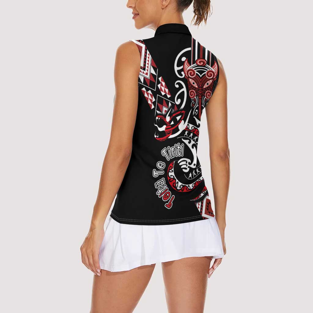 Aotearoa Toitu Te Tiriti-Honour the Treaty Women Sleeveless Polo Shirt Maori Taniwha Haka with Taniko and Tukutuku