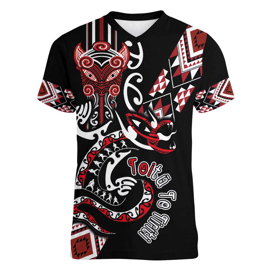 Aotearoa Toitu Te Tiriti-Honour the Treaty Women V-Neck T-Shirt Maori Taniwha Haka with Taniko and Tukutuku LT03 Female Black - Polynesian Pride